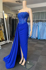 Bridesmaid Dresses Convertible, Royal Blue Appliques Strapless Long Formal Gown with Attached Train