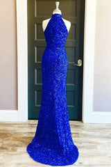 Bridesmaid Dresses Gold, Royal Blue Sequin Halter Long Formal Dress with Slit Prom Dresses