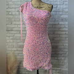 Simple Wedding Dress, Ruched One Shoulder and Hem Pink Sequin Mini Dress