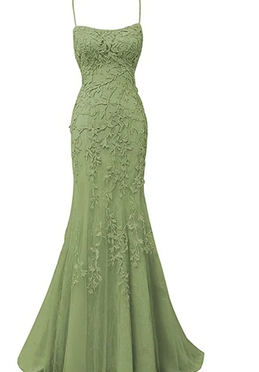 Bridesmaid Dresses Fall Wedding, Sage Green Lace Appliques Long Prom Dress Mermaid Spaghetti Straps Evening Dresses