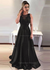 Cocktail Dress Prom, Satin Prom Dress A-Line/Princess Scoop Neck Sweep Train With Appliqued