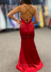 Prom Dresses For Girl, Sheath/Column Bateau Spaghetti Straps Long/Floor-Length Charmeuse Prom Dress With Pleated