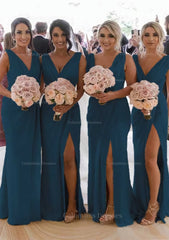 Party Dress Maxi, Sheath/Column Cowl Neck Sleeveless Chiffon Bridesmaid Dresses With Pleated Split