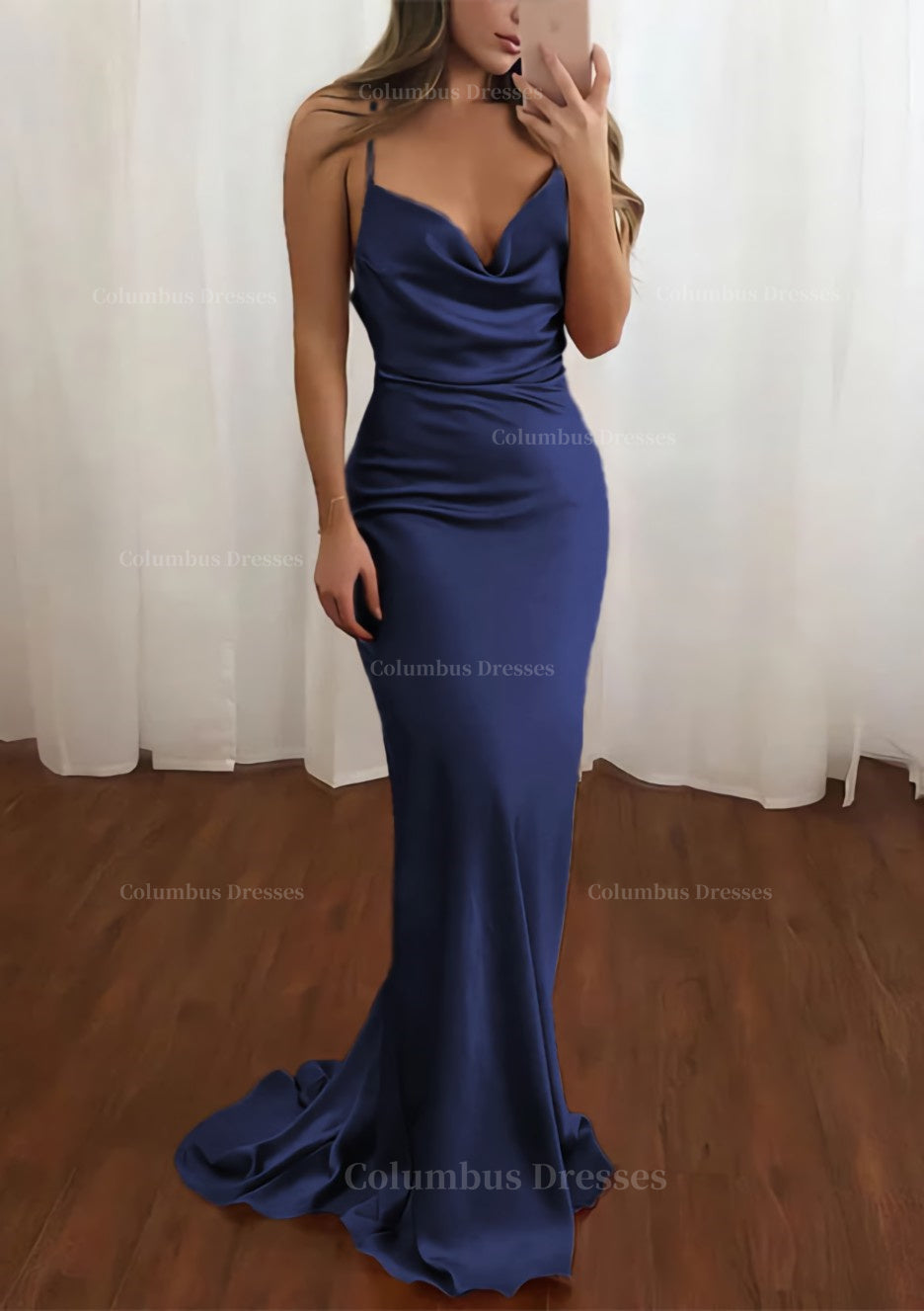 Party Dresses Casual, Sheath/Column Cowl Neck Spaghetti Straps Sweep Train Satin Prom Dress