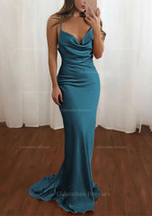 Party Dress Spring, Sheath/Column Cowl Neck Spaghetti Straps Sweep Train Satin Prom Dress