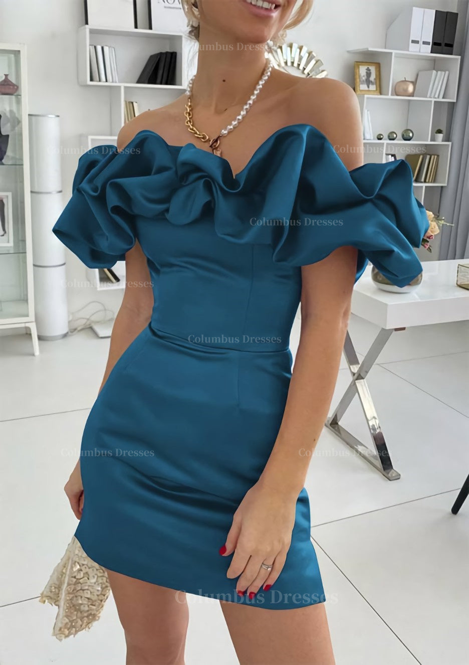 Formal Dress Stores, Sheath/Column Off-the-Shoulder Sleeveless Satin Short/Mini Homecoming Dress With Ruffles