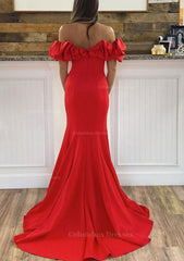 Prom Dresses Long Sleeve, Sheath/Column Off-the-Shoulder Sleeveless Sweep Train Satin Prom Dress With Ruffles Split