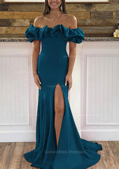 Prom Dress Long Sleeved, Sheath/Column Off-the-Shoulder Sleeveless Sweep Train Satin Prom Dress With Ruffles Split