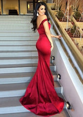 Evening Dress Mermaid, Sheath/Column Sleeveless Sweetheart Sweep Train Elastic Satin Prom Dress