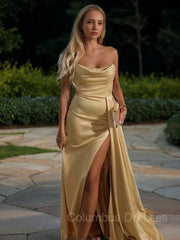 Wedding Guest, Sheath/Column Strapless Sweep Train Elastic Woven Satin Prom Dresses With Leg Slit