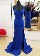 Evening Dresses Sale, Sheath/Column Sweetheart Sleeveless Sweep Train Jersey Prom Dress With Split Pleated