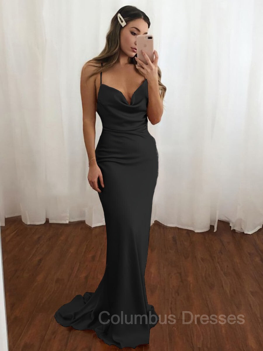 Party Dress New, Sheath/Column V-neck Sweep Train NS Elastic Woven Satin Prom Dresses