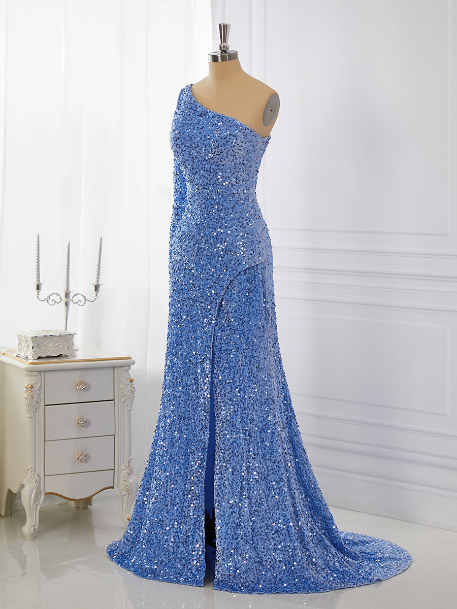 Summer Wedding Guest Dress, Sheath Long Sleeves Velvet Sequins One-Shoulder Sweep Train Dress