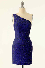 Party Dress Hijab, Sheath One Shoulder Sequins Strap Back Mini Homecoming Dress