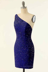 Party Dresses Modest, Sheath One Shoulder Sequins Strap Back Mini Homecoming Dress