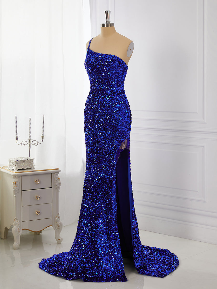 Formal Dress Vintage, Sheath Velvet Sequins One-Shoulder Sweep Train Dress