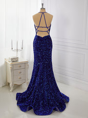 Party Dresses For Wedding, Sheath Velvet Sequins V-neck Sweep Train Dress