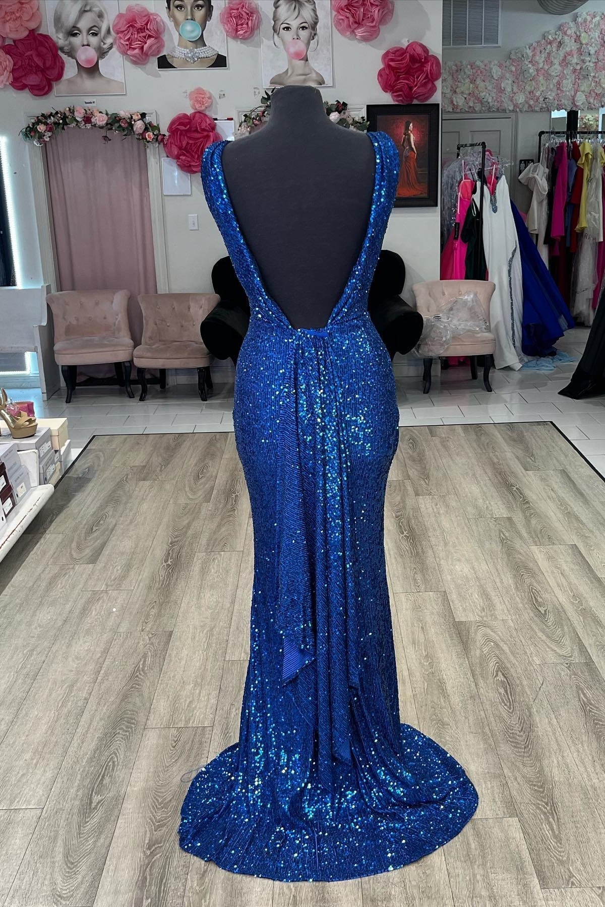 Evening Dresses For Weddings, Royal Blue Plunging V Neck Sequins Mermaid Long Prom Dress