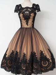 Bridesmaid Dresses Chicago, Short Cap Sleeves Black Lace Prom Dresses, Short Black Lace Graduation Homecoming Dresses