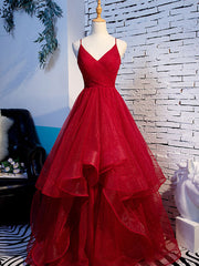 Fall Wedding, Simple V Neck Tulle Burgundy Long Prom Dress, Burgundy Formal Graduation Dresses