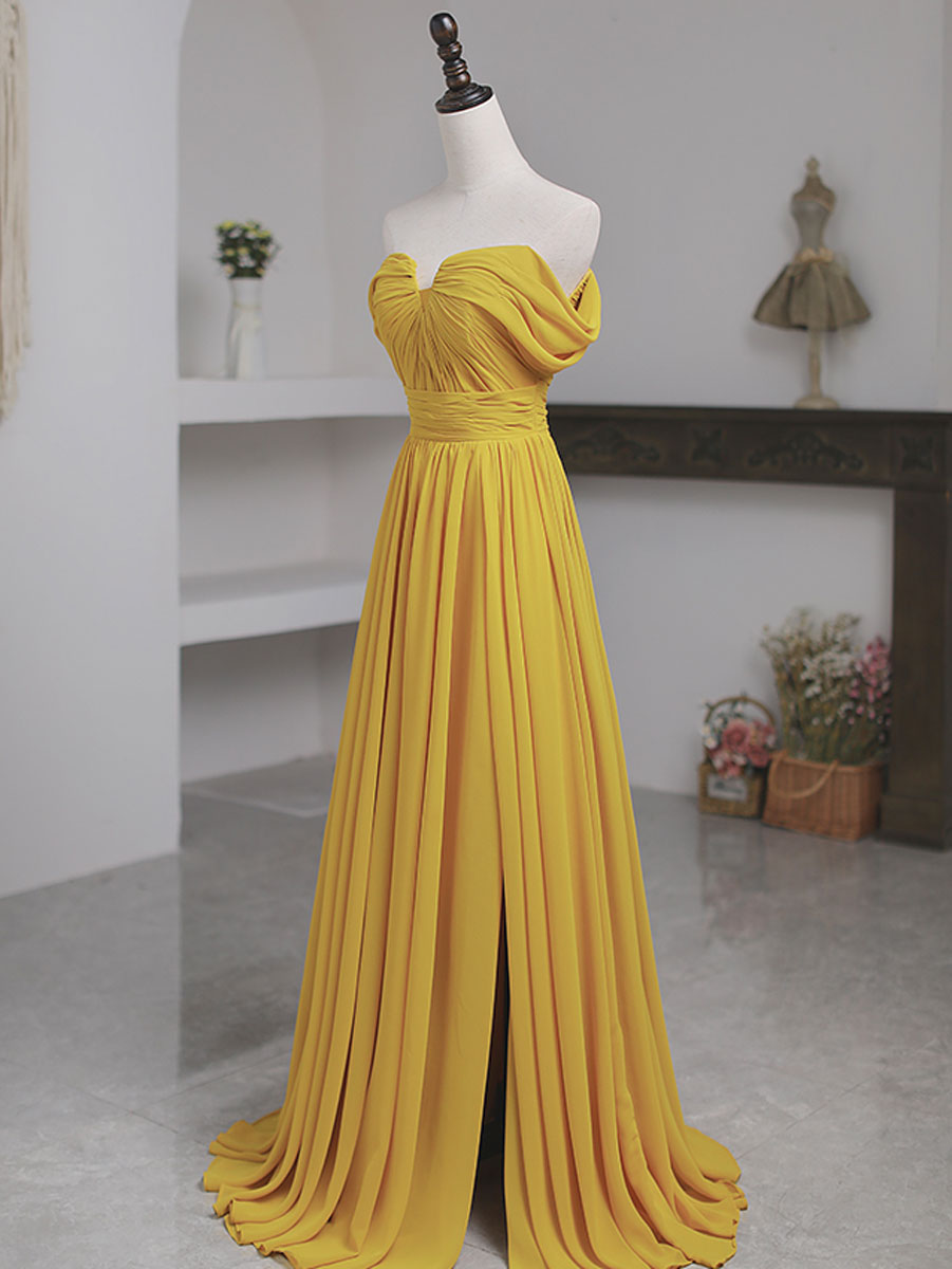 Wedding Inspo, Simple Yellow Off Shoulder Long Prom Dress, Yellow Chiffon Graduation Dresses