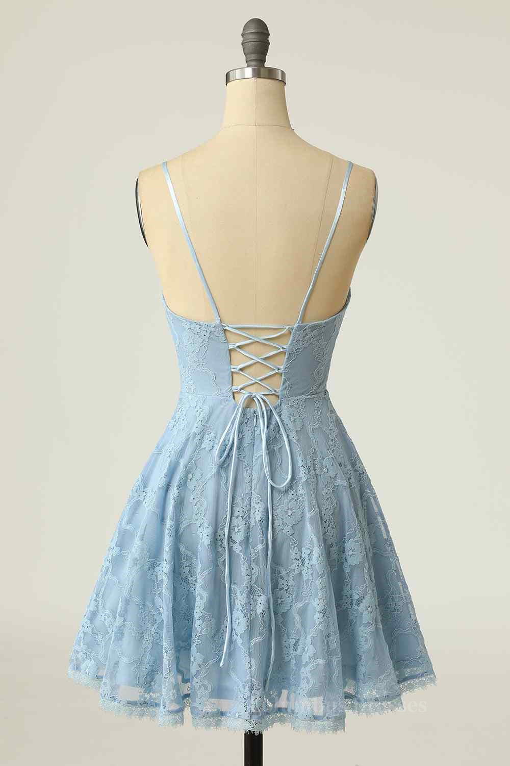 Party Dresses Websites, Sky Blue A-line V Neck Lace-Up Back Lace Mini Homecoming Dress