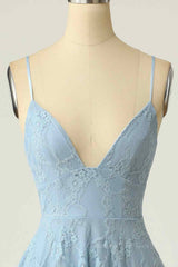 Party Dresses 2050, Sky Blue A-line V Neck Lace-Up Back Lace Mini Homecoming Dress