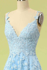 Grad Dress, Sky Blue A-line V Neckline Applique Tulle Long Prom Dress