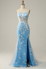 Bridesmaids Dress Chiffon, Sky Blue Straps Mermaid Appliques Cut-Out Long Prom Dress with Slit