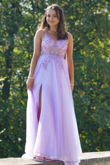 Sparkly Purple Spaghetti Straps Beaded Long Prom Dress with Slit