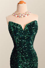 Bridesmaid Dresses Mismatched Fall, Strapless Dark Green Velvet Sequin Mermaid Party Dress