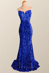 Bridesmaid Dress White, Strapless Royal Blue Velvet Sequin Mermaid Party Dress