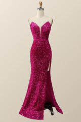 Prom Dresses Long With Slit, Strapless V Neck Sequin Mermaid Long Formal Dress