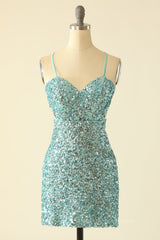 Prom Dresses For Girl, Straps Mint Green Sequin Tight Mini Dress