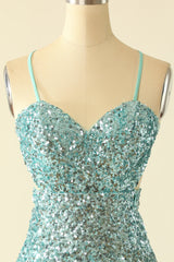 Prom Dress Store, Straps Mint Green Sequin Tight Mini Dress