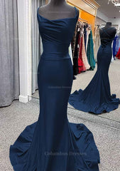 Princess Prom Dress, Trumpet/Mermaid Cowl Neck Spaghetti Straps Sweep Train Jersey Prom Dress With Pleated