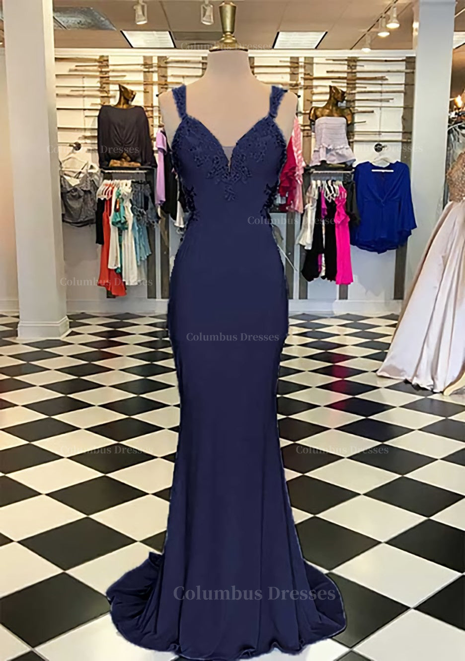 Prom Dress Chiffon, Trumpet/Mermaid Scalloped Neck Sleeveless Sweep Train Elastic Satin Prom Dress With Appliqued