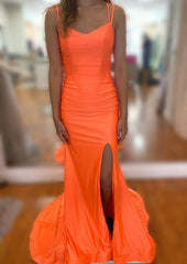 Prom Dress V Neck, Trumpet/Mermaid V Neck Sleeveless Sweep Train Jersey Prom Dress With Split Pleated