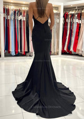 Formal Dress, Trumpet/Mermaid V Neck Sweep Train Sleeveless Elastic Satin Prom Dress