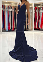 Prom, Trumpet/Mermaid V Neck Sweep Train Sleeveless Elastic Satin Prom Dress