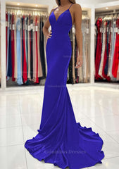 Pink Dress, Trumpet/Mermaid V Neck Sweep Train Sleeveless Elastic Satin Prom Dress