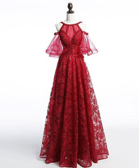 Prom Dresses Guide, Unique Off Shoulder Tulle Lace Burgundy Long Prom Dress, Evening Dress