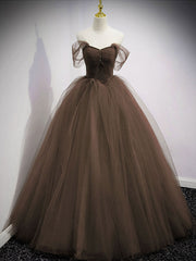 Bridesmaid Dresses Gold, Unique Sweetheart Off Shoulder Lace Long Prom Dress, Tulle Formal Dresses