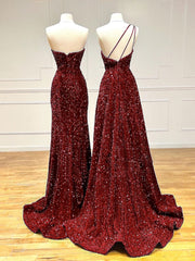 Evening Dress Gold, Unique Velvet Sequin Mermaid Burgundy Long Prom Dress, Burgundy Formal Evening Dress