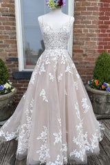 Prom Dresse Princess, V Neck Backless Champagne Lace