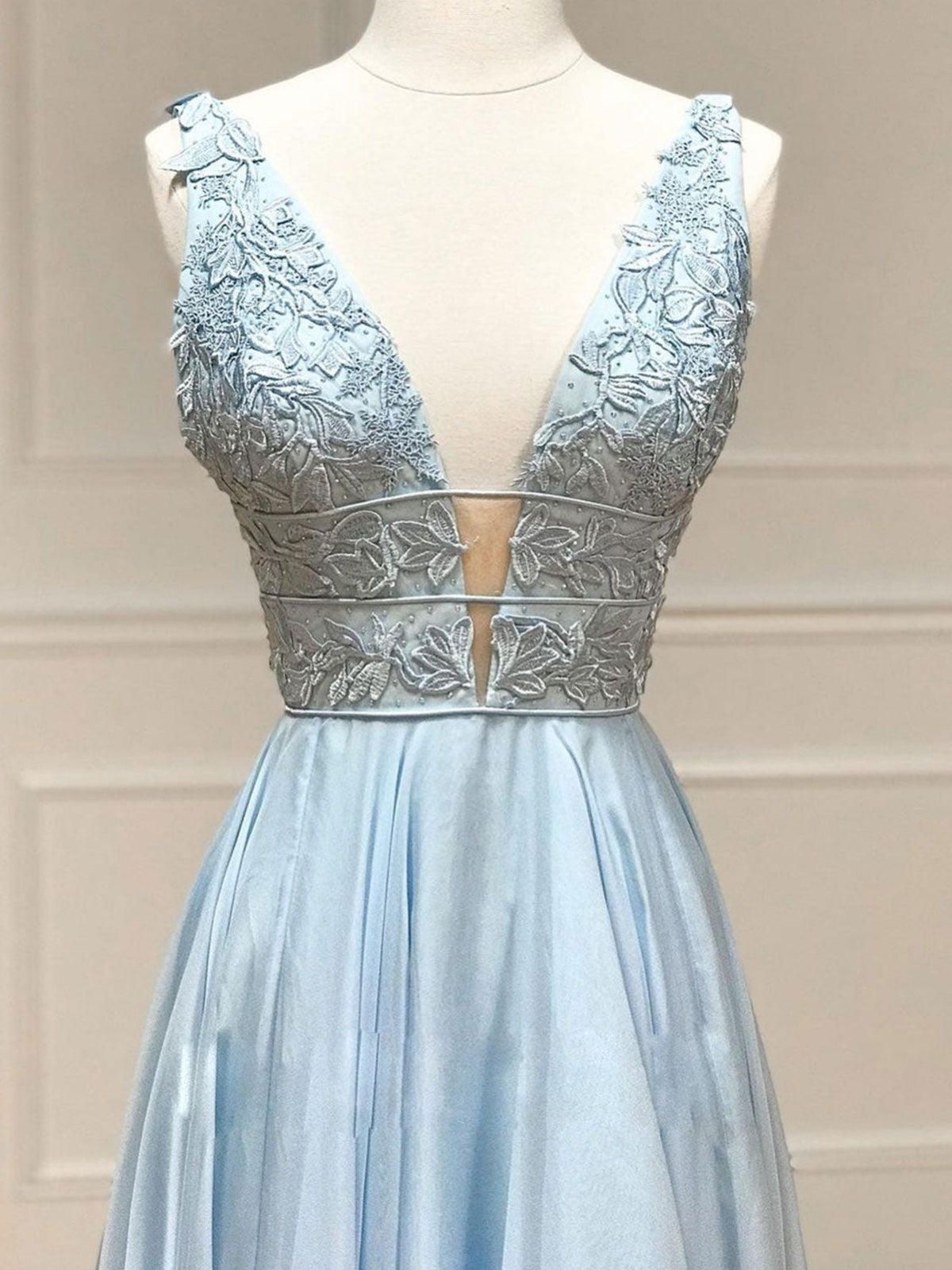 Party Dress Summer, V Neck Blue Lace Prom Dresses, Blue V Neck Lace Formal Graduation Dresses