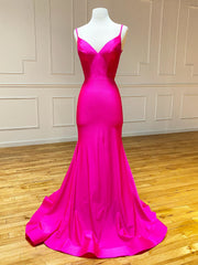 Party Dresses For Summer, V Neck Mermaid Hot Pink Prom Dresses, Hot Pink Mermaid Backless Formal Evening Dresses