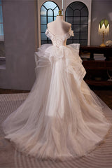 Party Dress Shops Near Me, White Off-Shoulder Ruffle Layers A-line Long Prom Dress