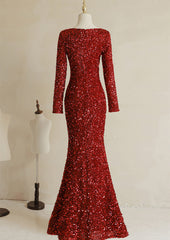 Wedding Dresses Elegant, Wine Red Sequins Mermaid Long Sleeves Party Dress, Wine Red Long Wedding Party Dress