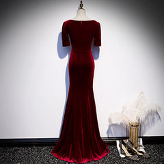 Evening Dress Wedding, Wine Red Velvet Mermaid Long Evening Party Dresses, Dark Red Velvet Formal Dresses